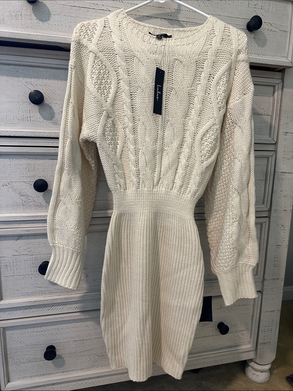 Lulu's Ivory Cable-Knit Long-Sleeve Sweater Dress